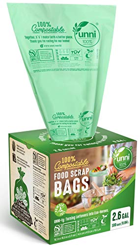 UNNI Compostable Liner Bags, 2.6 Gallon, 9.84 Liter, 100 Count, Extra Thick 0.71 Mil, Samll Kitchen Food Scrap Waste Bags, ASTM D6400, US BPI, CMA & Europe OK Compost Home Certified, San Francisco