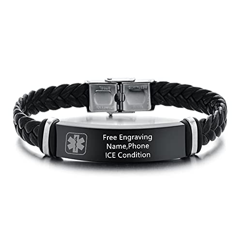Personalized Medical Alert ID Bracelets for Men Women Free Engraving Adjustable Leather Wristband Customized Emergency Identification Cuff Bracelet Health Systems Awareness Jewelry for Adults Teens