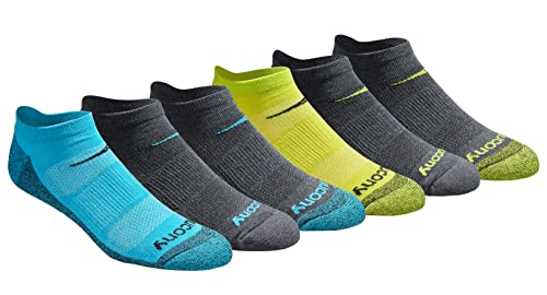 Saucony Men's Multi-Pack Mesh Ventilating Comfort Fit Performance No-Show Socks, Yellow Blue Charcoal Assorted (6 Pairs), 8-12