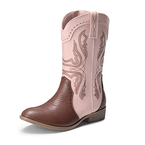 DREAM PAIRS SDBO2222K Girls Cowgirl Cowboy Western Boots Mid Calf Riding Shoes PINK/BROWN Size 6 Big Kid