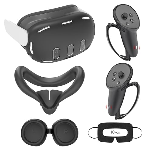 Relohas Deluxe 5 in 1 Silicone Accessories for Meta Quest 3, VR Protective Case Set for Oculus Quest 3, Controller Grip Cover, VR Shell Cover, Face Cover, Gifts for Christmas & Halloween (Black)