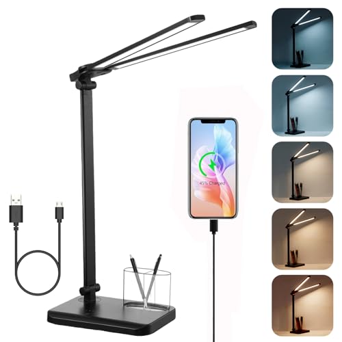 rigors LED Desk Lamp for Home Office - Dual Swing Arm Desk Light with USB Charging Port,Eye-Caring Foldable 5 Color Modes 10 Brightness Levels Dimmable Desk Lamp for College Dorm Room (Black)