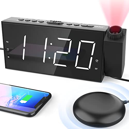 Projection Digital Alarm Clock with Bed Shaker for Bedroom, Extra Loud Alarm Clock for Heavy Sleeper, 350° Rotable Ceiling Projector Clock,2 Alarm,5 Dimmer Volume,USB Charger, Battery Backup,12/24H…
