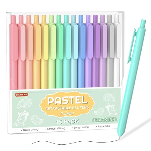 Shuttle Art Retractable Pastel Gel Ink Pens, 15 Pack Black Ink Pens, Cute Pens 0.5mm Fine Point for Writing Journaling Taking Notes School Office Home
