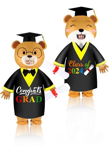 Silipull 2 Packs Graduation Inflatable Costume, 8ft Bear Blow Up Costume, Adult Inflatable Costume, Bear with Cap and Gown Brown Diploma Outfit Suit for Adults Graduation Party Costume Decor
