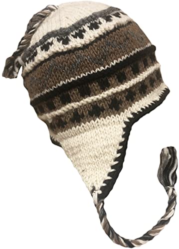 Nepal Hand Knit Sherpa Hat with Ear Flaps, Trapper Ski Heavy Wool Fleeced Lined Cap (Extra Large Head Black & White)