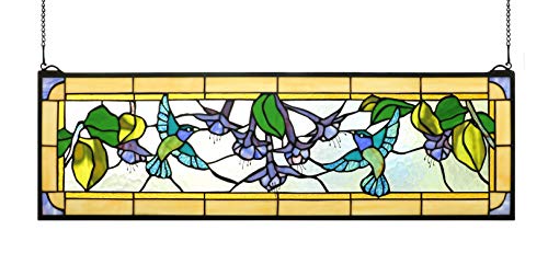 Yogoart Tiffany Style Stained Glass Hummingbirds Fuchsia Horizontal Art Glass Panel 10' x 32'