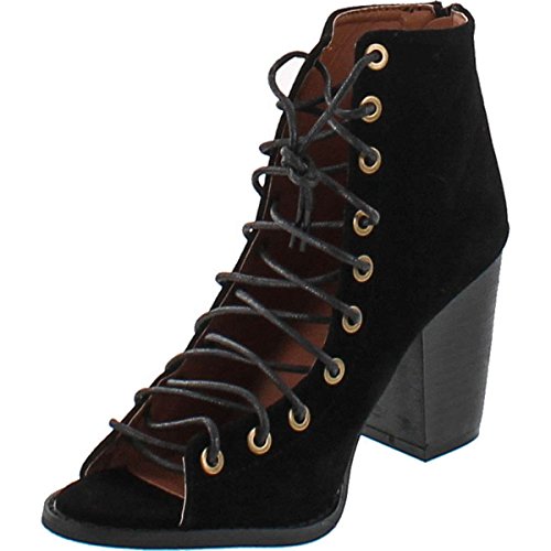 Yoki Brie Women's Lace Up Stacked Heel Peep Toe Ankle Booties Sandals,Black,6