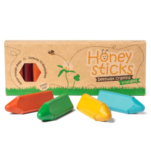 Honeysticks Triangular Crayons (10 Pack) - 100% Pure Beeswax, Food Grade Colors, Non Toxic Crayons for Baby, Toddlers ages 1-3,2-4, Triangle Shape for Pencil Grip Development. Handmade in New Zealand