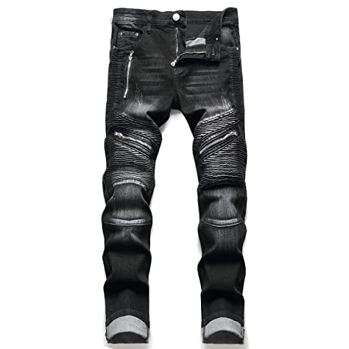 AITITIA Men's No. 15 Biker Slim Fit Flex Jeans (009 Black, 32)