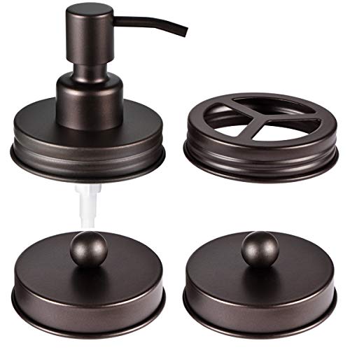 Mason Jar Bathroom Accessories Lids Set(4pcs) - Jar Not Included - Soap Dispenser,Toothbrush Holder, Apothecary Storage Jars Lids for Regular Mouth Mason Jars - Rustproof Stainless Steel，Bronze