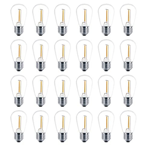 Meconard 24 Pack LED S14 Replacement Light Bulbs, Shatterproof Outdoor 1 Watt to Replace 11Watts String Incandescent Bulb, E26 Regular Medium Screw Base, 2200K Warm White, Non-Dimmable