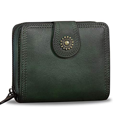 Bifold Leather Wallets for Women Vintage Handmade Small Clutch Short Purse with Zip