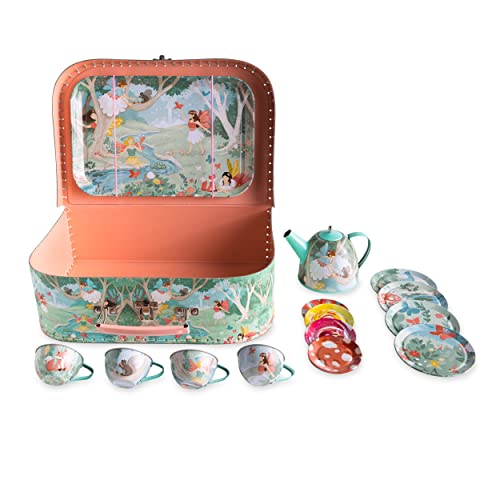 HearthSong 15-Piece Fairy-Themed Tin Tea Set with Lidded Teapot, Includes Teapot, 4 Plates, 4 Cups, 4 Saucers, Serving Tray and Carrying Case