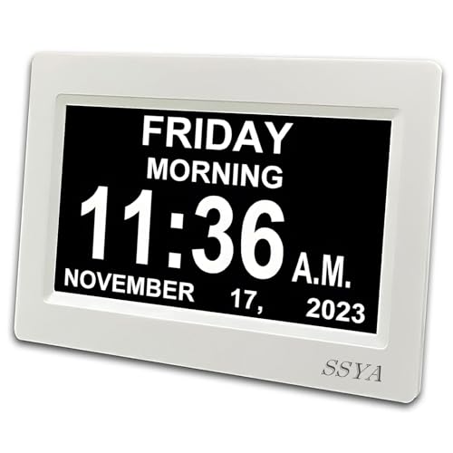 SSYA Digital Calendar Alarm Clock - Dementia Clocks for Vision Impaired, Elderly, Memory Loss Clock with Non-Abbreviated Clock with Date and Day (7 inch)