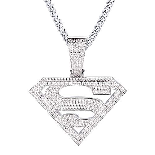 GOLD IDEA JEWELRY Iced Out Cubic Zirconia Superman pendant 14K Gold Plated/White gold plated necklace Pendant with 28' Stainless Steel Franco Chain Necklaces for men and boy (only franco chain)