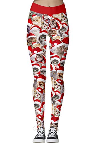 Timemory Women's Ugly Santa Christmas Cats Leggings Funny Costume Tights L/XL #028