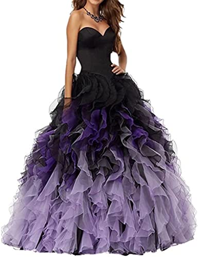 Chady Organza Quinceanera Prom Dresses for Women 2023 Long Ball Gown Satin Puffy Strapless Sweetheart Ombre Backless Formal Dress Black and Purple 2