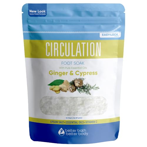 Circulation Foot Soak (2 Lbs) Epsom Salt with Natural Ginger, Cypress, Eucalyptus, and Lavender Essential Oils Plus Vitamin C in BPA Free Pouch with Easy Press-Lock Seal
