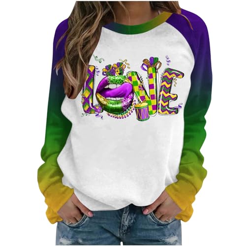 Oggfader mardi gras tshirts women my orders with amazon Mardi Gras Shirts Women Raglan Sleeve Tricolor Print Crewneck Sweatshirts Funny Graphic Print Sweater Top Carnival Outfits White L