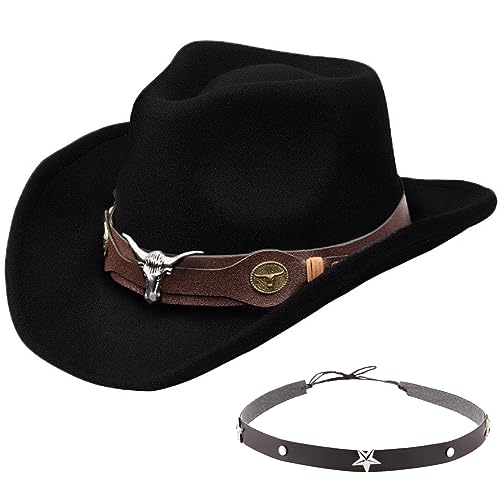 Classic Western Felt Cowboy Cowgirl Hat for Women Men Teen Cowboy Hat with 2 Wide Brim Belt (Black Buffalo + 2 Belt)