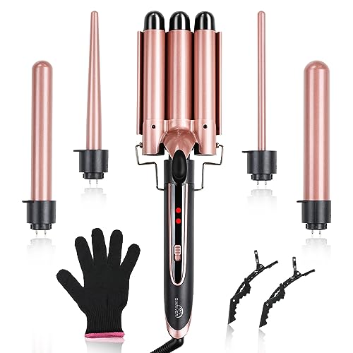 Sixriver 5-in-1 Curling Iron Set, Curling Wand with 3 Barrel Hair Crimper Iron and Interchangeable 4 Curling Irons, Dual Voltage Hair Waver with 2-LED Temp Control for All Hair Types, Glove & 2 Clips