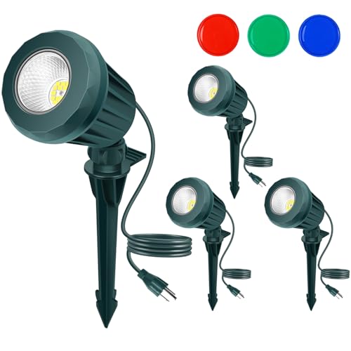 Holeva Halloween Christmas Spotlight Outdoor: 10W LED Spot Lights Outdoor 2700K Warm White with 3 Extra Lenses (Red Green Blue) | 120V Plug in Landscape Lighting with IP67 Waterproof for Yard 4 Pack