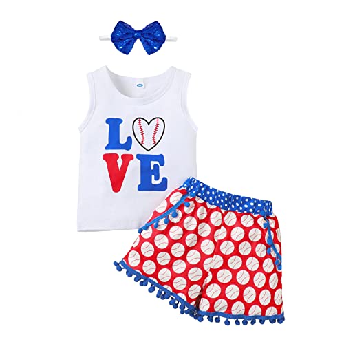LYSMuch Toddler Baby Girls Shorts Outfits Love Baseball Print Vest T-Shirt Tops Tassel Pants Summer Clothes Set（3-4 Years,Red White Blue