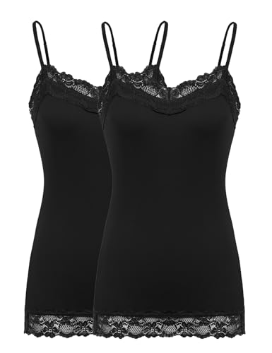 Women's Adjustable Bottom Lace Long Cotton Cami Tops (M,2 Pack Black and Black)