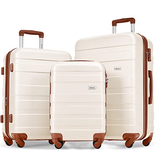 Merax 3 Piece Expandable ABS Hardshell Luggage Sets Spinner Wheel Suitcase TSA Lock Suit Case, Ivory/Brown, 20/24/28 Inch