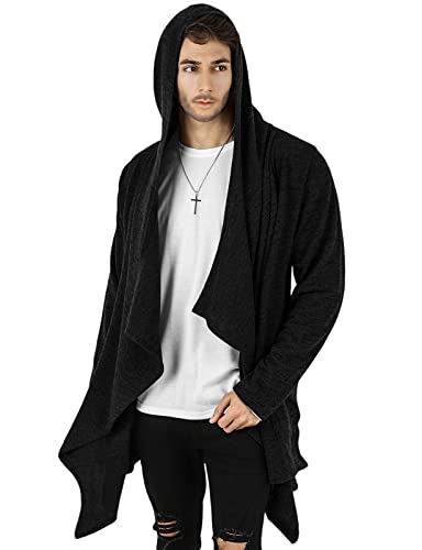 GIVON Mens Hooded Cardigan Ruffle Shawl Collar Drape Cape Overcoat with Pockets & Oversized Hood / DCC145-BLACK-XL