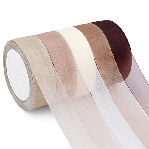 Showin 5 Rolls Organza Ribbon 1' x 25 Yd Each Roll, Fall Sheer Chiffon Ribbon, Transparent Sheer Ribbon for Gift Wrapping, Bouquet, Wedding, Party Decoration