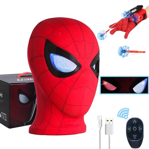 fehfuek Spider Hero Mask Movable Glowing Mechanical Eyes Lights With Remote Control Spider Super Hero Full Mask Moving Lenses Cosplay Wearable Mask Homecoming Mask Man For Halloween Christmas Gift