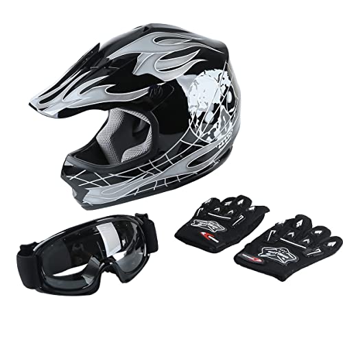 DOT Youth Kids Motocross Offroad Street Dirt Bike Helmet Youth Motorcycle ATV Helmet with Goggles Gloves Black Skull S