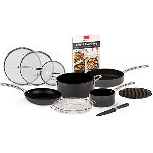 Emeril Everyday Forever Pans Hard-Anodized Pots and Pans Set Nonstick, Induction Cookware with Utensils by Emeril Lagasse, Black, 10-pc Cookware Set + Cookbook (10 Pc with Cookbook) OPEN BOX
