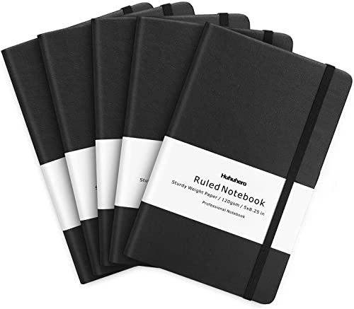 Huhuhero Journal Notebooks, College Ruled Notebook, Premium Thick Paper Lined Journal, Black Hardcover Notebook for Office Home School Business Writing Note Taking Journaling, College School Supplies 5'×8.25' (5, Black)