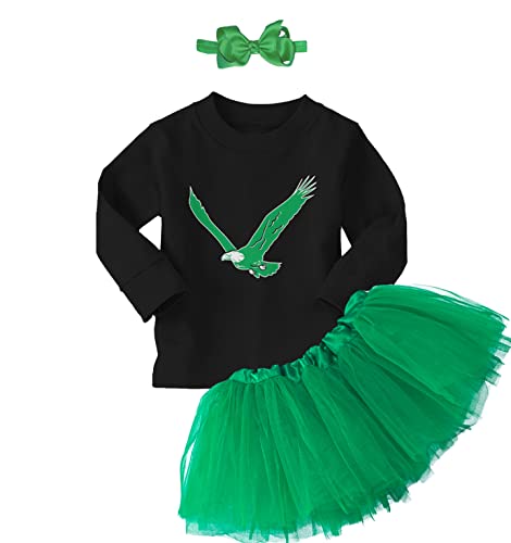 Haase Unlimited Eagle - Philly Sports Long Sleeve Toddler T-Shirt + Tutu Skirt + Bow Headband Set (Long Sleeve Black T-Shirt/Green Tutu, 5T)