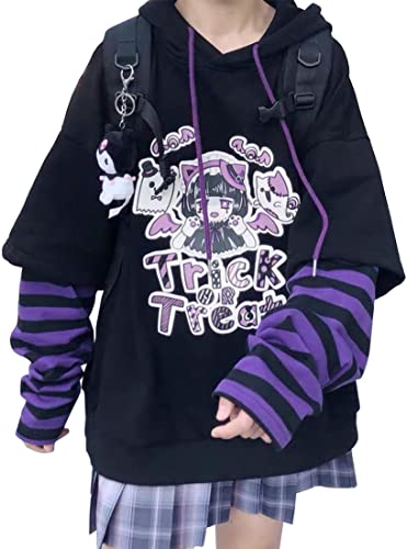 EMILYLE Womens Girls Japanese Style Hoodie Cute Pattern Print Sweatshirt Fashion Kawaii Anime Pullover(1purple-1,XL)