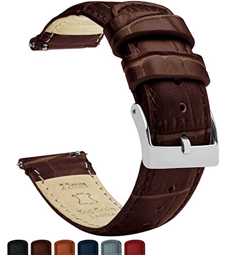 BARTON WATCH BANDS Alligator Grain - Quick Release Leather Watch Bands, Standard Length, Coffee Brown & Stainless Steel Buckle, 20mm