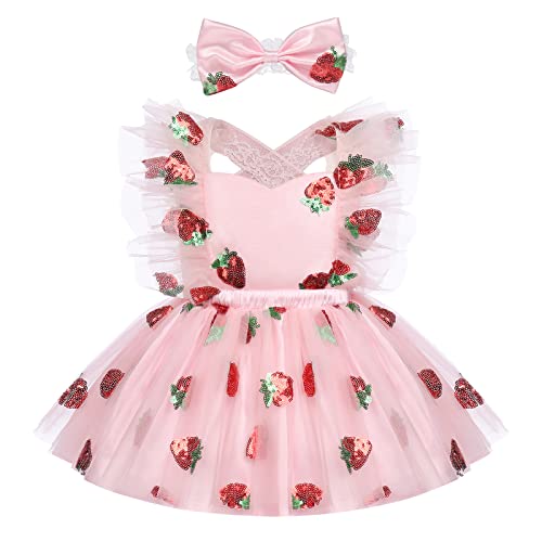 Strawberry First Birthday Decoration Berry First Birthday Party Set - Flower Girl Dress Ruffle Tulle Sequin Tutu oddler Wedding Pageant Ceremony Birthday Party Evening Prom Pink - berry 6-12 Months