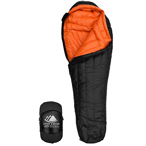 Hyke & Byke Eolus 30 F Hiking & Backpacking Sleeping Bag - 3 Season, 800FP Goose Down Sleeping Bag - Ultralight - Black/Clementine - 78in - Regular