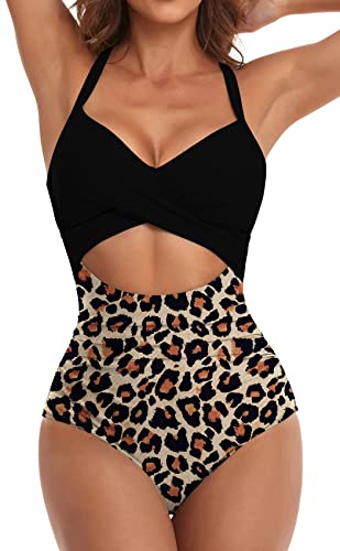 Eomenie Women's One Piece Swimsuits Tummy Control Cutout High Waisted Bathing Suit Wrap Tie Back 1 Piece Swimsuit Black Leopard