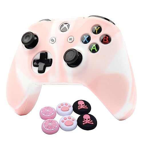 RALAN Tie-Dye White and Pink Controller Skins for Xbox One,Silicone Controller Cover Skin Protector Compatible with Xbox One S/X Controller(Pink Pro Thumb Grip x 2,Cat + Skull Cap &Cover Grip x 2)