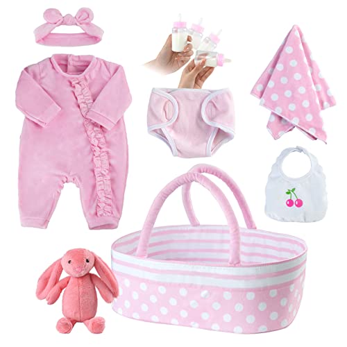 BABESIDE 8 Pcs Reborn Baby Doll Clothes with Bassinet for 17-22 Inch Baby Doll, Baby Doll Clothes Outfit Accessories fit Newborn Baby Doll Girl
