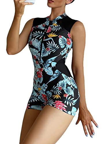 MakeMeChic Women's Tropical Print Sleeveless Zip Front Shorts One Piece Swimsuit Bathing Suit Multicolor M