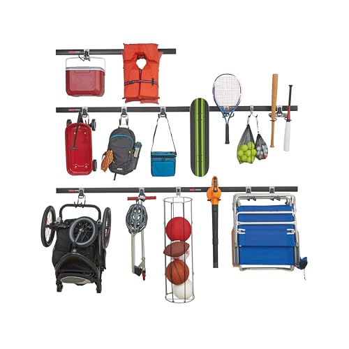 Rubbermaid 20-Piece FastTrack Garage Wall-Mounted Storage Kit, 5 Rails and 15 Hooks, for Home/House/Tool/Sports/Utility Purposes