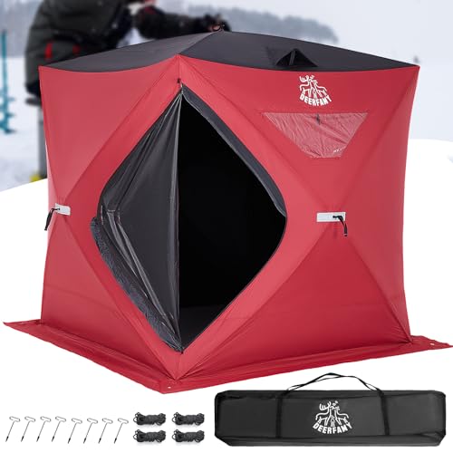 DEERFAMY Ice Fishing Shelter, 3-4 Person Ice Fishing Tent, Pop up Ice Shanty Insulated Tent with Carrying Bag, 8 Ice Anchors, Red