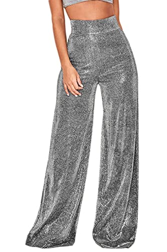 Velius Women's Sexy Metallic Sparkly Wide Leg Pants Trousers Clubwear (Large, Black)