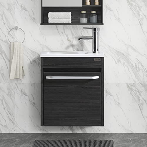 wonline 16” Bathroom Vanity Sink Combo for Small Space Black Wall Mounted Cabinet Set Design White Resin Basin Sink Top Chrome Faucet