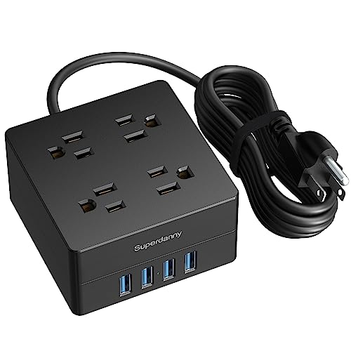 5ft Power Strip, SUPERDANNY Surge Protector 900 Joules, 4-Outlet 4-USB Extension Cord, Overload Switch, Grounded, Mountable, Desktop Charging Station for Home, Office, School, Dorm, Computer, Black